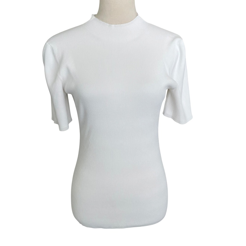 Theory Ribbed Mock Neck Sweater Top Size L Resort Coastal Stretch Designer Chic